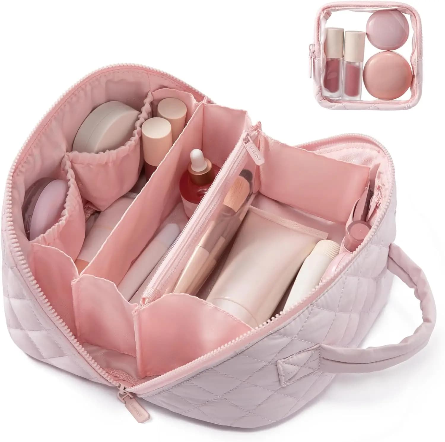 Waterproof Makeup Bag Padded for Women, Set of 2 Pieces with Brush Disappearance, Large Capacity Travel Organizer in Middle Rose
