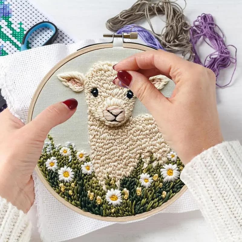Stitching Punch Needle Embroidery Kit Sheep Pattern Art Crafts with Threader Instruction Fabric Hoop Yarn Crafting Supplies