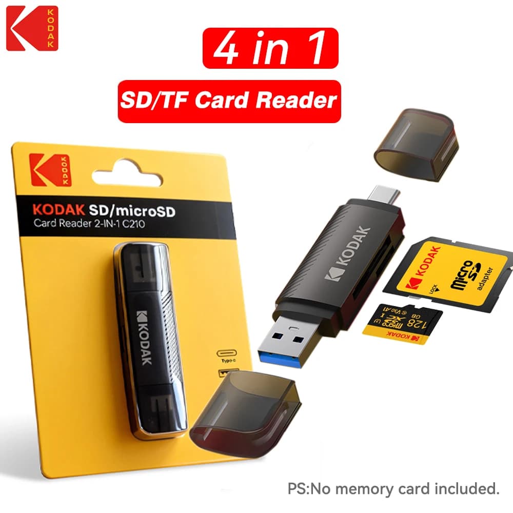Lettore di Schede KODAK 4 in 1 SD/TF Tipo-C USB 3.0 per PC e Laptop, Lettore di Schede di Memoria Intelligente ad Alta Velocità, Adattatore per Schede SD