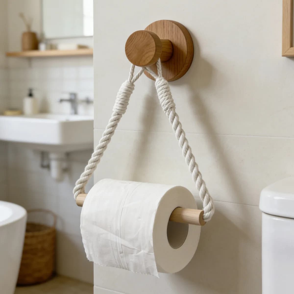 White Cotton Rope Paper Holder Handmade Wooden Rod Hemp Rope Paper Holder, Creative Wall Mount Toilet Roll & Towel Hanging Rack
