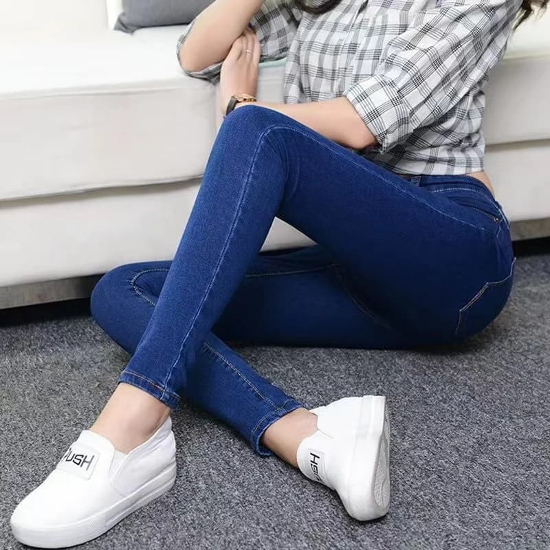 Jeans a Vita Alta Slim Fit per Donna, Primavera-Autunno, Taglie Grandi, Elasticizzati, Blu Scuro, Leggings Skinny in Denim Elasticizzato di Cotone