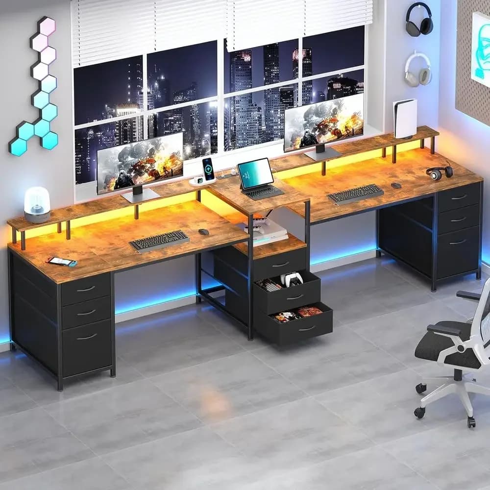 Rustic Brown Dual-Person Gaming Desk with LED Lights, Power Outlet, Storage, and Monitor Stand
