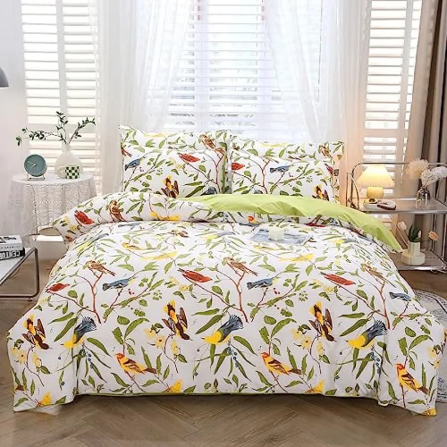 Set Copripiumino con Stampa Uccelli e Foglie Autunnali, Misura Singola, 100% Cotone, Traspirante, per Letto Matrimoniale