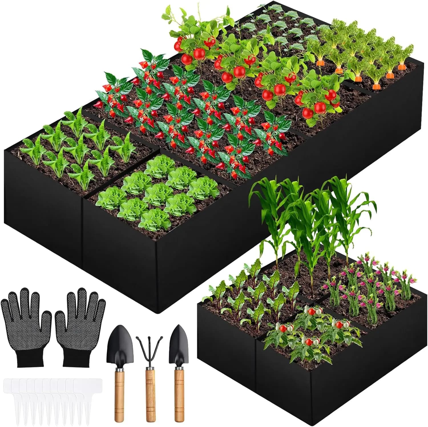 Fioriera Rialzata in Tessuto, Grandi Sacchi da Giardino Rettangolari Traspiranti per la Coltivazione con 4 Griglie, Contenitori Riutilizzabili Resistenti