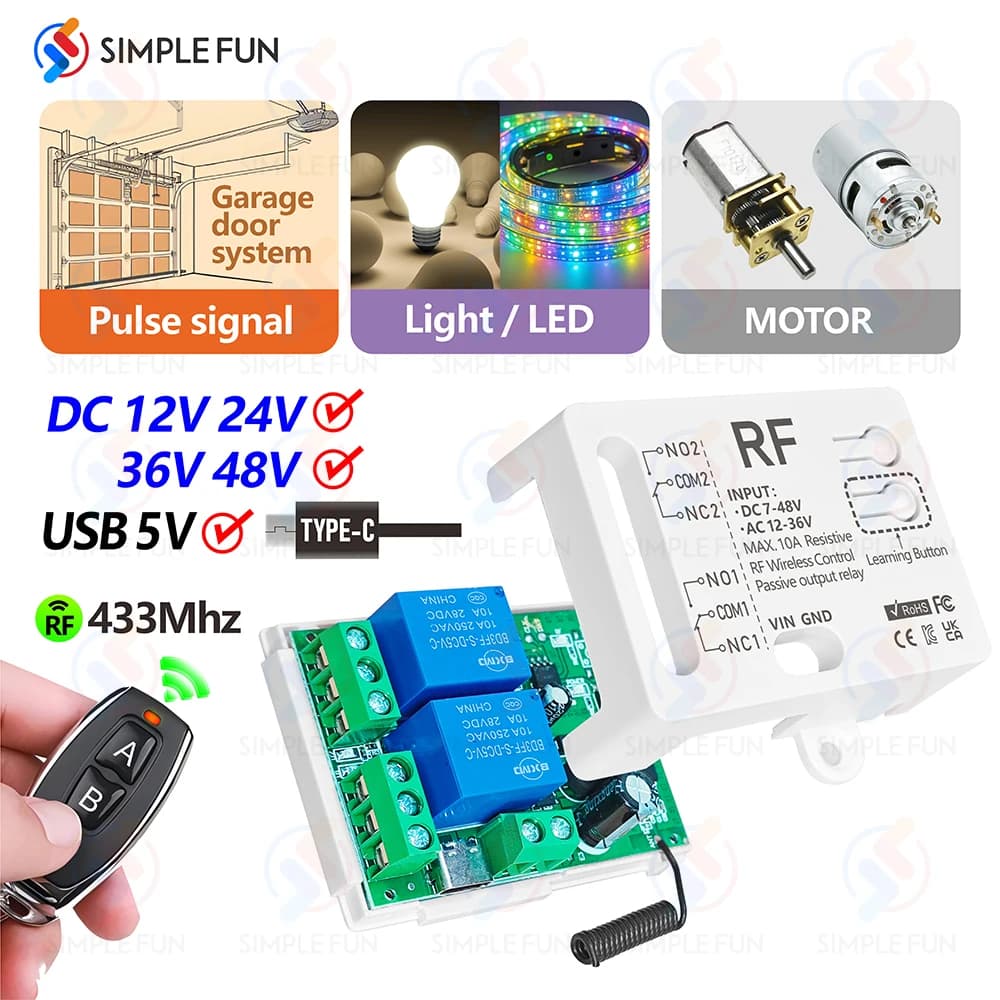 Interruttore di telecomando senza fili 433 MHz 12 V 24 V 36 V 48 V Tipo-C 5 V 2 CH Modulo relè per luce/LED/motore/pompa/impulso porta del garage