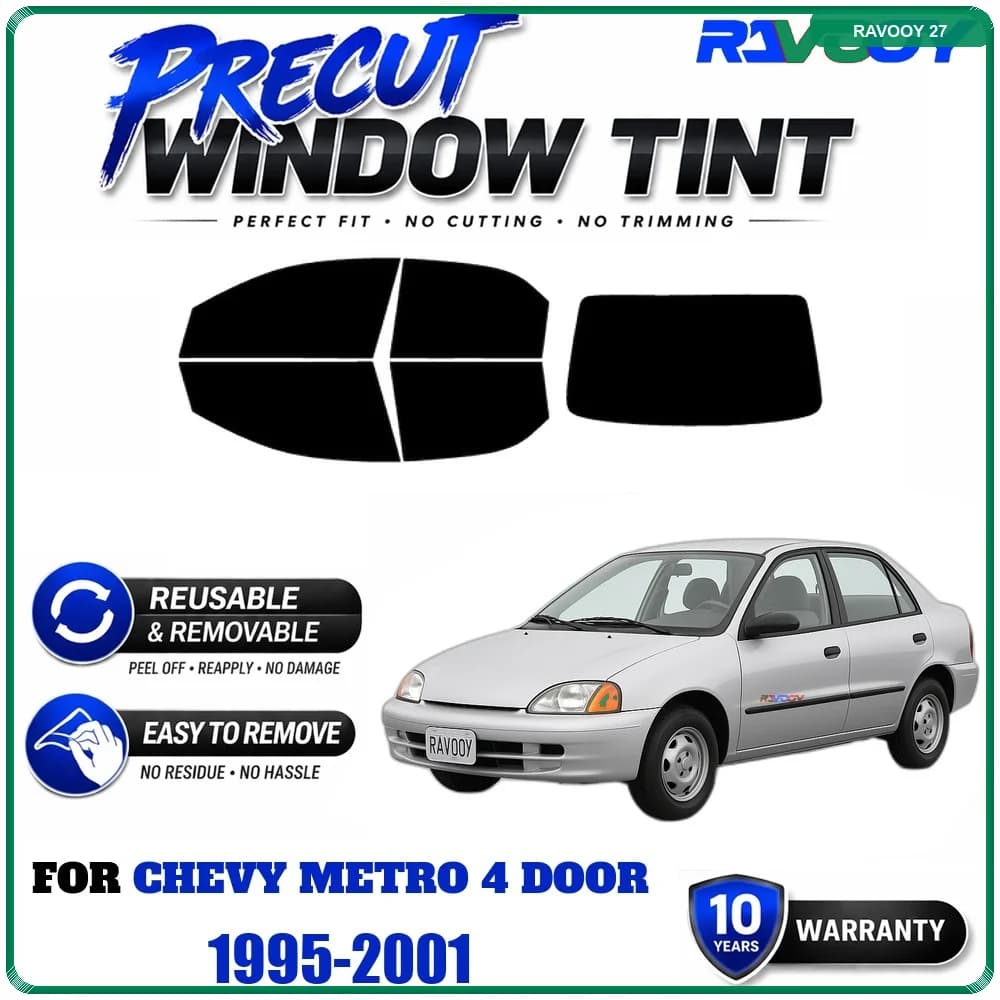 RAVOOY Precut Window Tint, Reusable Removable EPU Film, Custom Fit for Chevy Metro 4 Door 1995-2001, UV Heat Protection