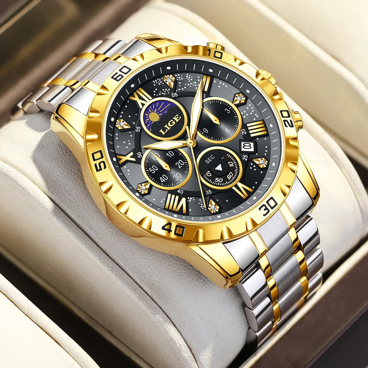 Men's Watch LIGE Luxury, Quartz, Sporty, Stainless Steel, Bright, Waterproof, Chronograph, Moon Phase 24H + Pack