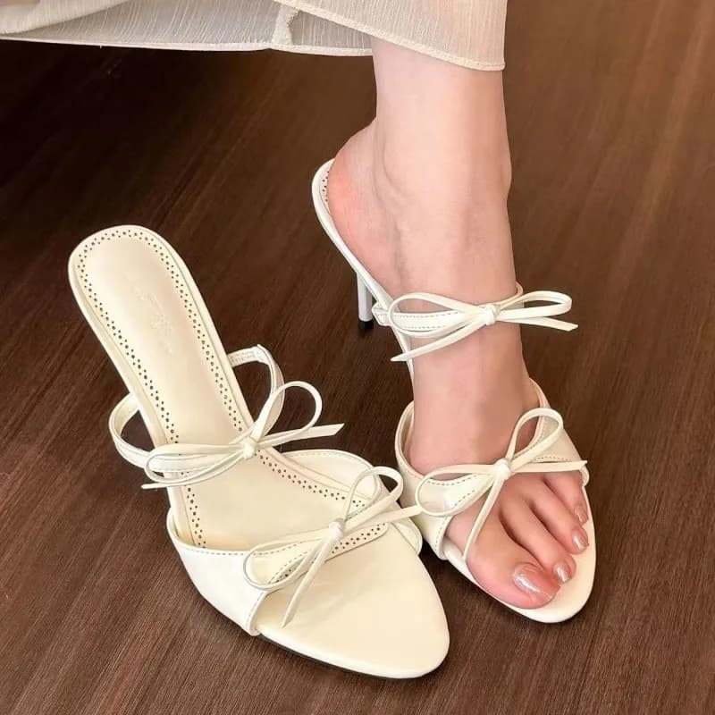 Sandali Estivi da Donna con Tacco Alto e Punta Aperta, Eleganti Ciabatte con Nodo a Farfalla e Tacco Sottile Antiscivolo