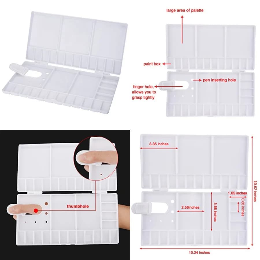 Watercolor Palette 33 Compartments Folding Paint Tray with 28 Wells and 5 Mixing Areas Plastic Painting Pallet with Thumbhole and Brush Holders for Watercolor Gouache Acrylic Oil Paint