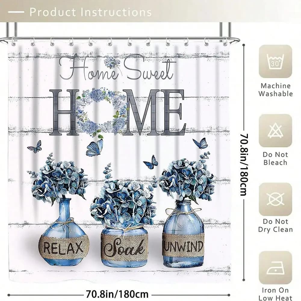 Tende da doccia leggere e morbide, con un dipinto decorativo in stile country Home Sweet Home con ortensie blu