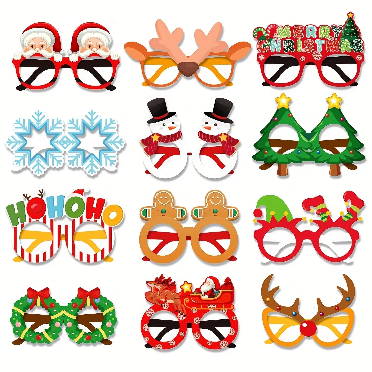 12pcs Christmas Paper Glasses Holiday Party Decoration Santa Claus Snowflake Props Paper Products Mask Glasses Supplies