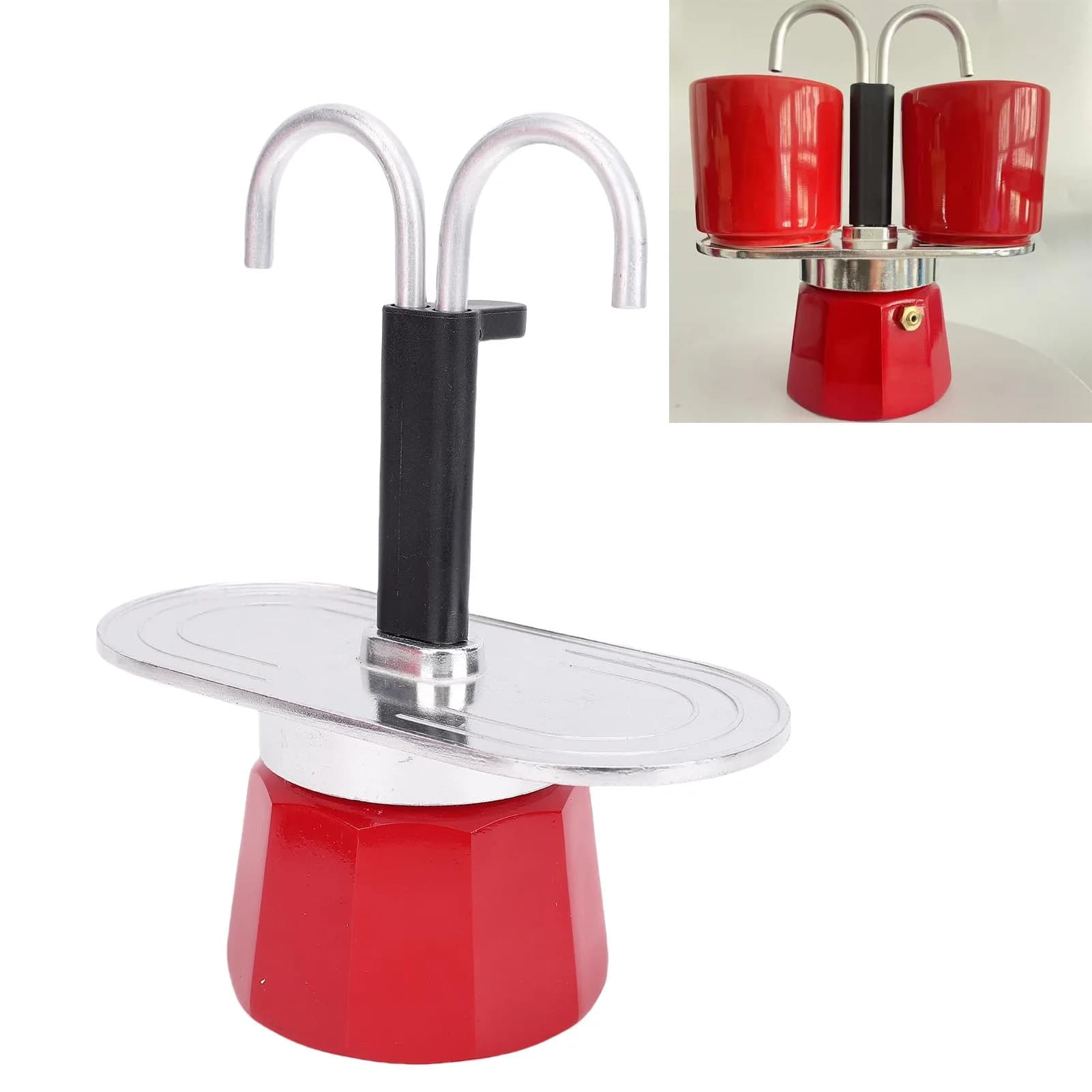 Caffettiera da 2 tazze Caffettiera da piano cottura a doppio tubo da 100 ml in lega di alluminio rossa per caffettiera da piano cottura a doppio tubo da viaggio a casa