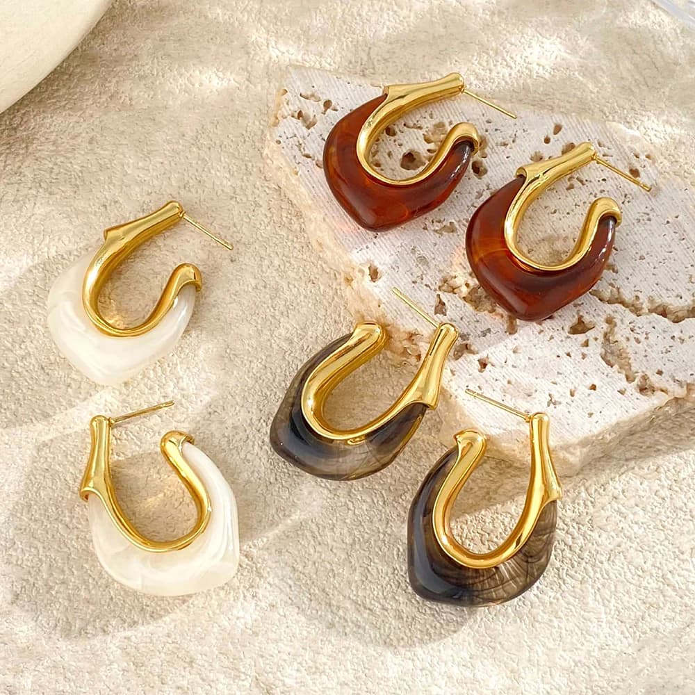 18K Gold Color Plated U-shaped Resin Hoop Earrings for Women Retro Stainless steel Earrings Elegant Daily Wear Jewelry Gift