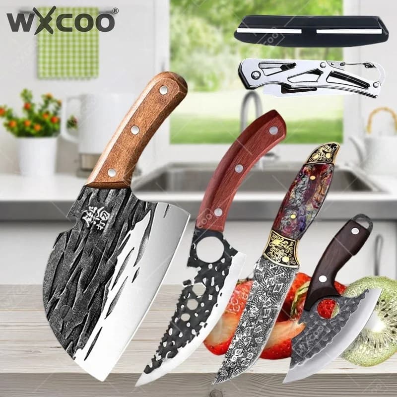 Set of 6 WXCOO Kitchen Knives for Domestic Use, Professional Kitchen Tools, Butcher's Knife Forged in Hand, Kitchen Blade, Bone Knife, Mannaia