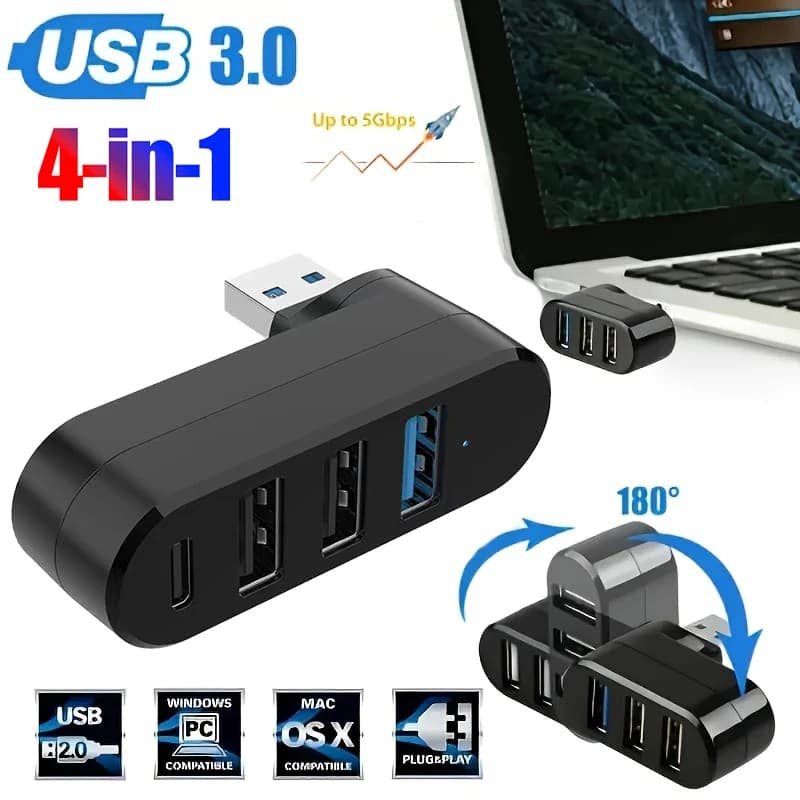 Adattatore di Alimentazione USB 3.0 180 ° Hub USB 3.0 2.0 a 4 porte ruotabile, hub di tipo C, docking station per trasferimento dati ad alta velocità per PC e laptop