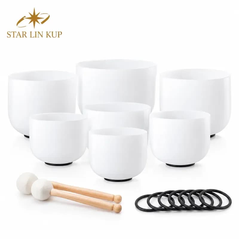 STAR LIN KUP 7pcs Frosted Quartz Crystal Singing Bowls Set 6-12 Inch CDEFGAB Chakra Notes Sound Healing Meditation Yoga with