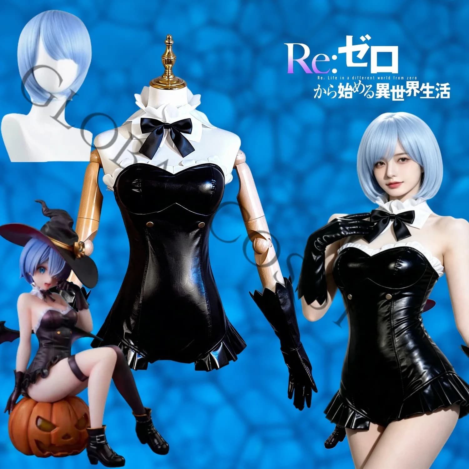 Anime Re:Zero − Life in Another World Rem Cosplay Night Wizard Costume Black White Bunny Girl Latex Bodysuit Gloves Set Women