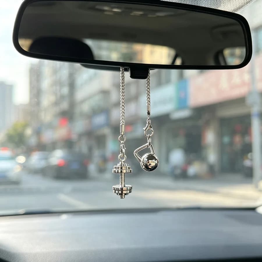 Metal Dumbbell & Kettlebell Car Rearview Mirror Hanging Ornament, Gym Fitness Theme Interior Decor Pendant with Chain