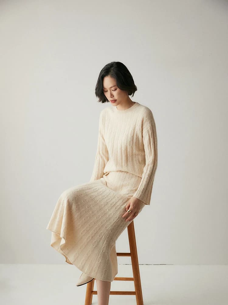 New Chic Women 100% Cashmere maglione vestito Pullover lavorato a maglia a trecce gonna a pieghe autunno inverno grazia stile semplice maglieria in Cashmere