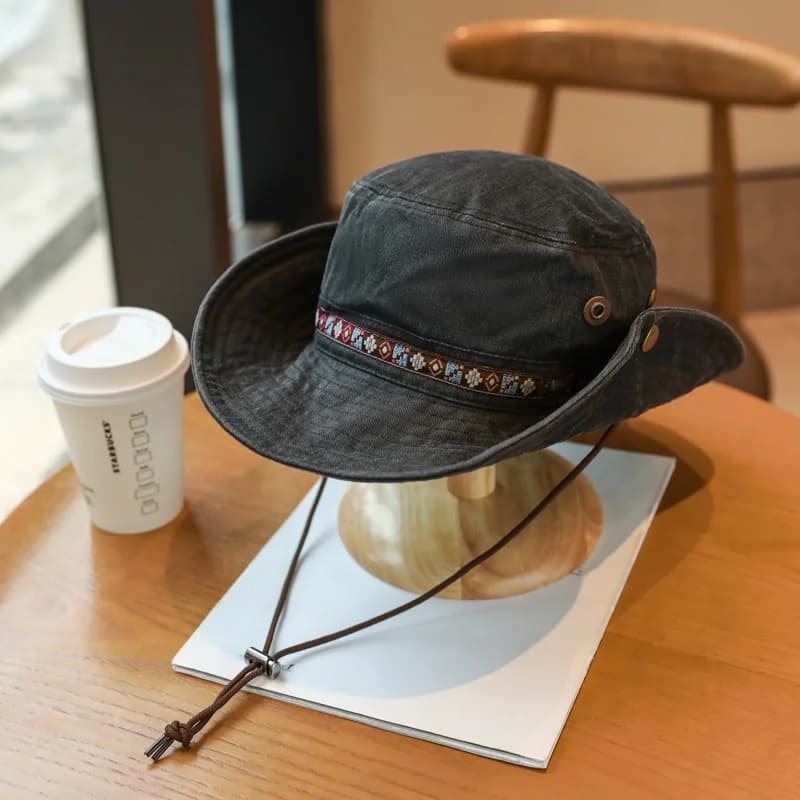 Cappello da Cowboy Estivo per Esterni con Tesa Larga, Protezione Solare, per Campeggio ed Escursionismo, Unisex, Stile Etnico, Casual, in Cotone