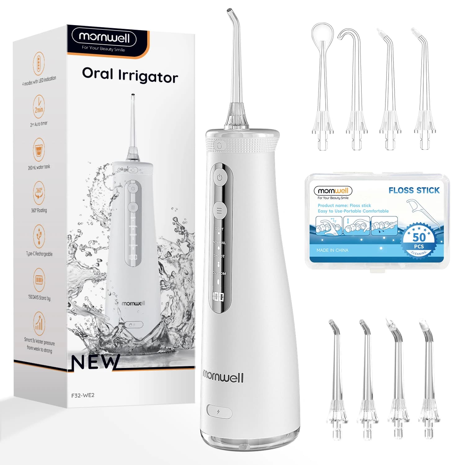 Mornwell Water Dental Flosser Denti Pick: 270ML Wireless Portable Oral Sprinkler Rechargeable IPX7 Waterproof F32(F5032)