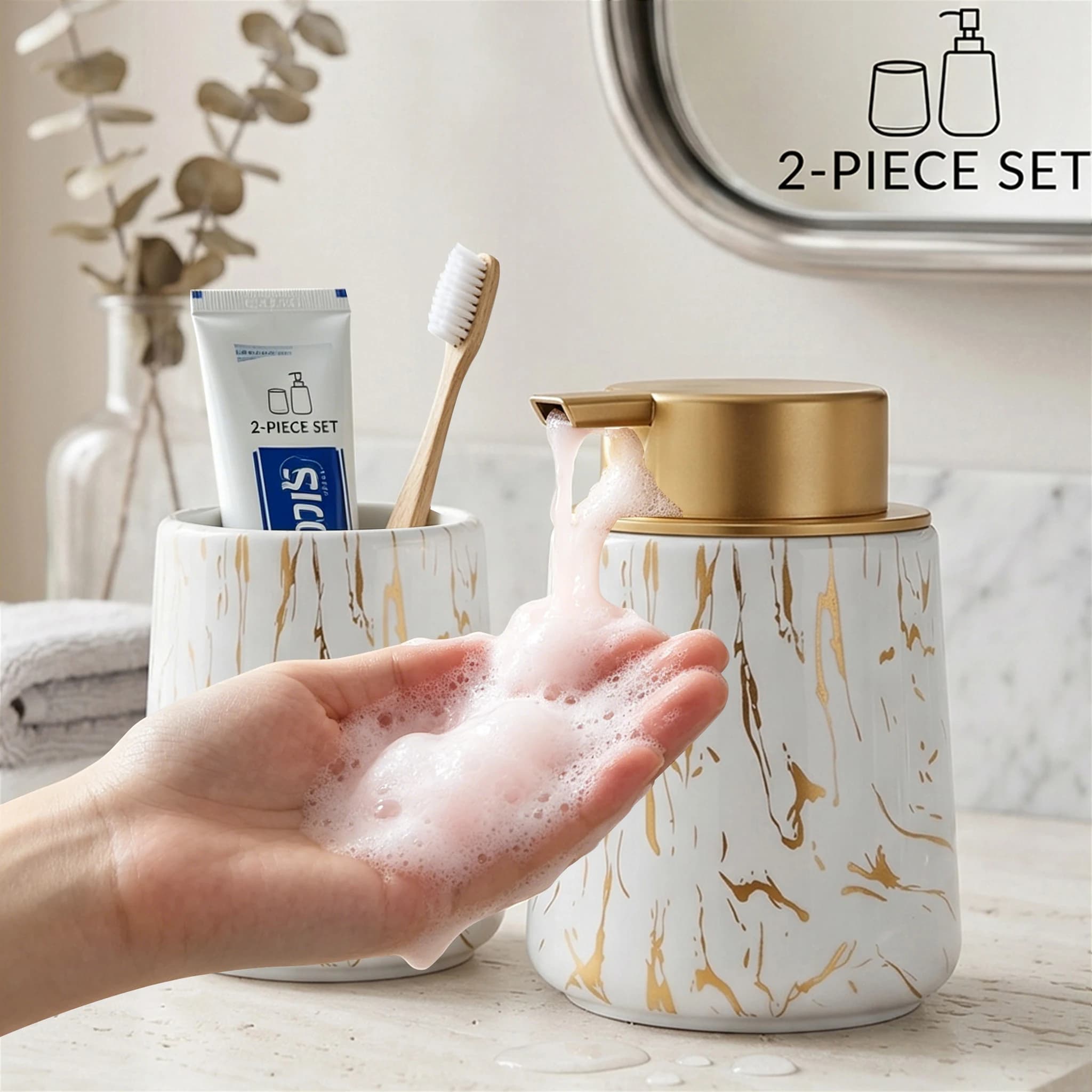 Set di Accessori per il Bagno - Dispenser di Sapone in Schiuma con Pompa Dorata e Porta Spazzolini, Organizzatore Moderno per Bagno e Cucina