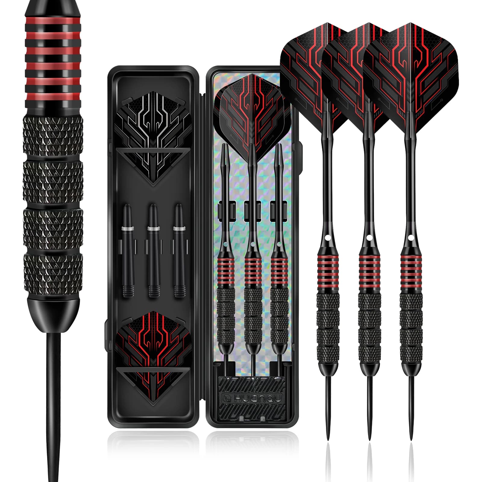 3pcs 24g Steel Tip Darts Set, 2BA Thread, Black Red Tech Flights, Replaceable Shafts, Stable Control for Adults
