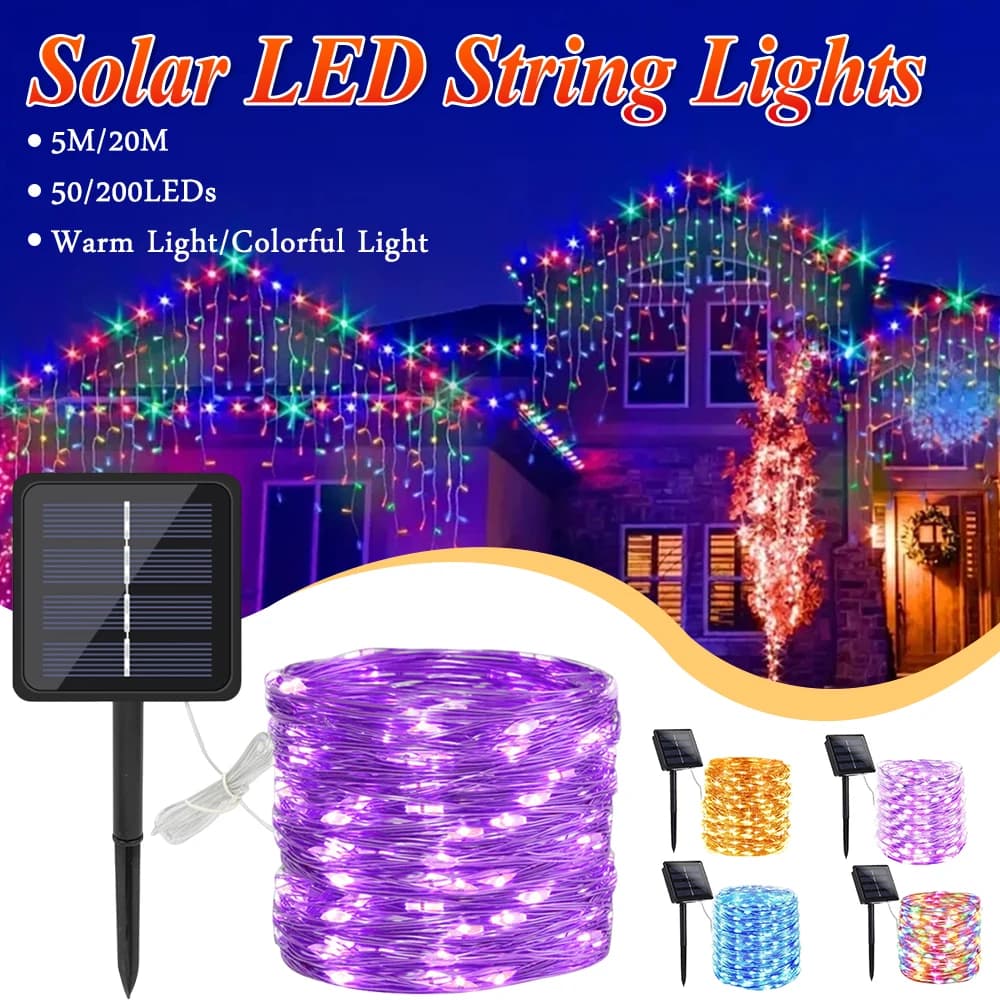 Luci solari da esterno 50/200 LED, luci a stringa con 8 modalità per feste di Natale, luci fatate impermeabili, ghirlanda da giardino