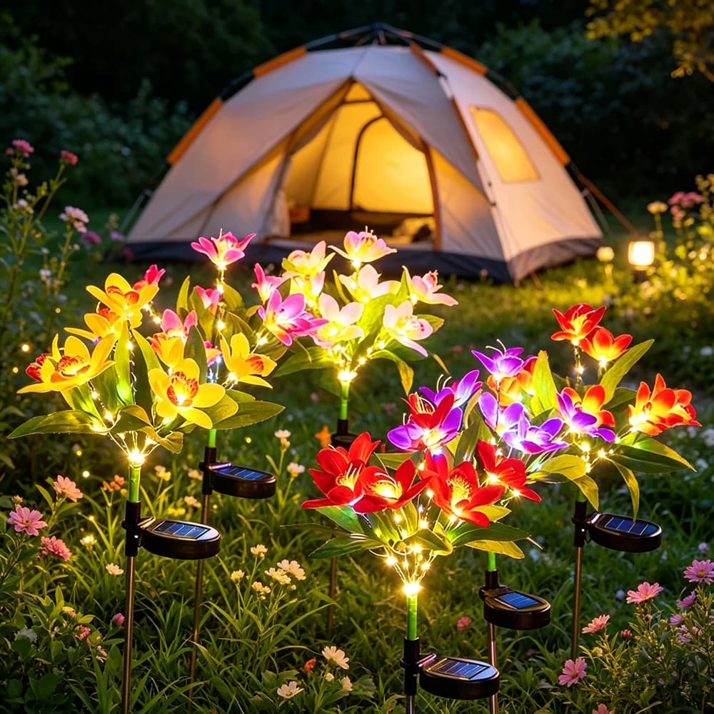 Lampada Solare a 7 Teste a Forma di Orchidea, Luce da Giardino Solare a Fiore Artificiale per Feste, Matrimoni, Patio, Cortile, Decorazioni Natalizie - 1 Pezzo
