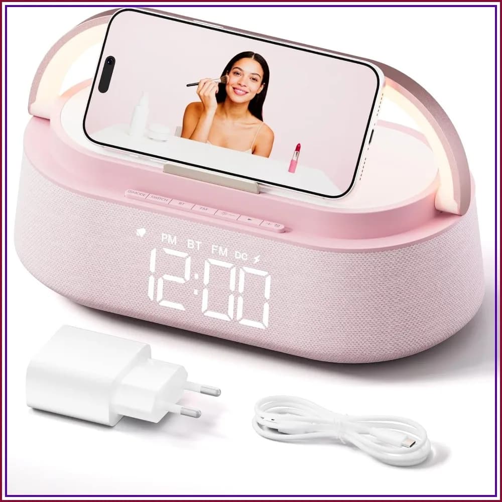 6-in-1 Bluetooth Speaker with Wireless Charger, FM Radio, Night Light, Alarm Clock, Phone Stand, 2500mAh, Dual Speakers for Bedroom, Home, Office, Gift (Pink)