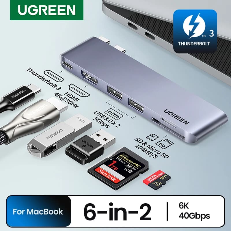 UGREEN USB-C HUB 6-in-2 Type-C to 4K HDMI Thunderbolt 3 USB3.0 SD and TF Adapter for MacBook Pro Air Docking Station Splitter USB-C