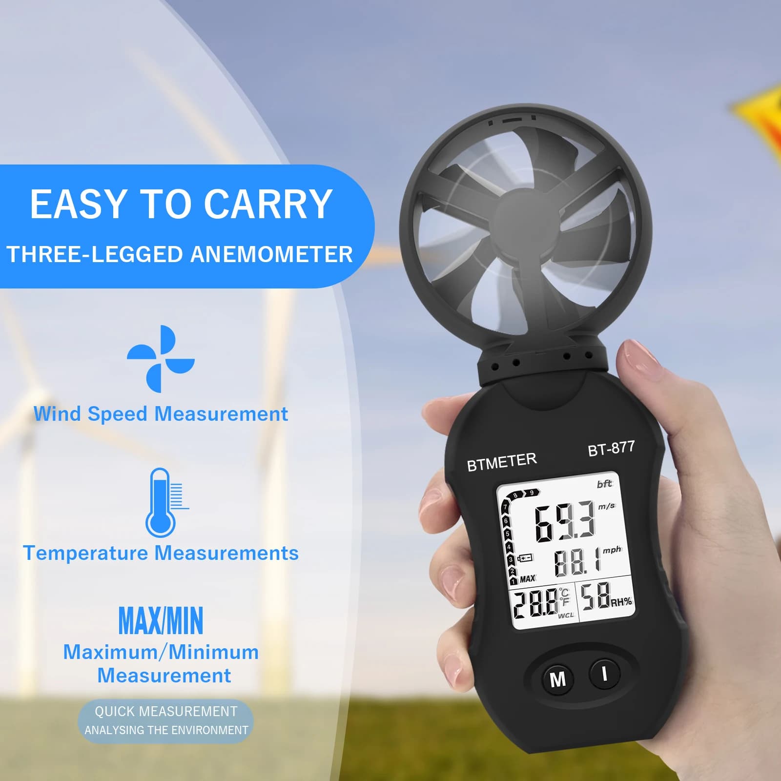BTMETER Anemometer With Tripod Mount, BT-877 Speed Measurement Range 0.3~30M/s, For Water Sports & Sailing Air Flow Meter Tools