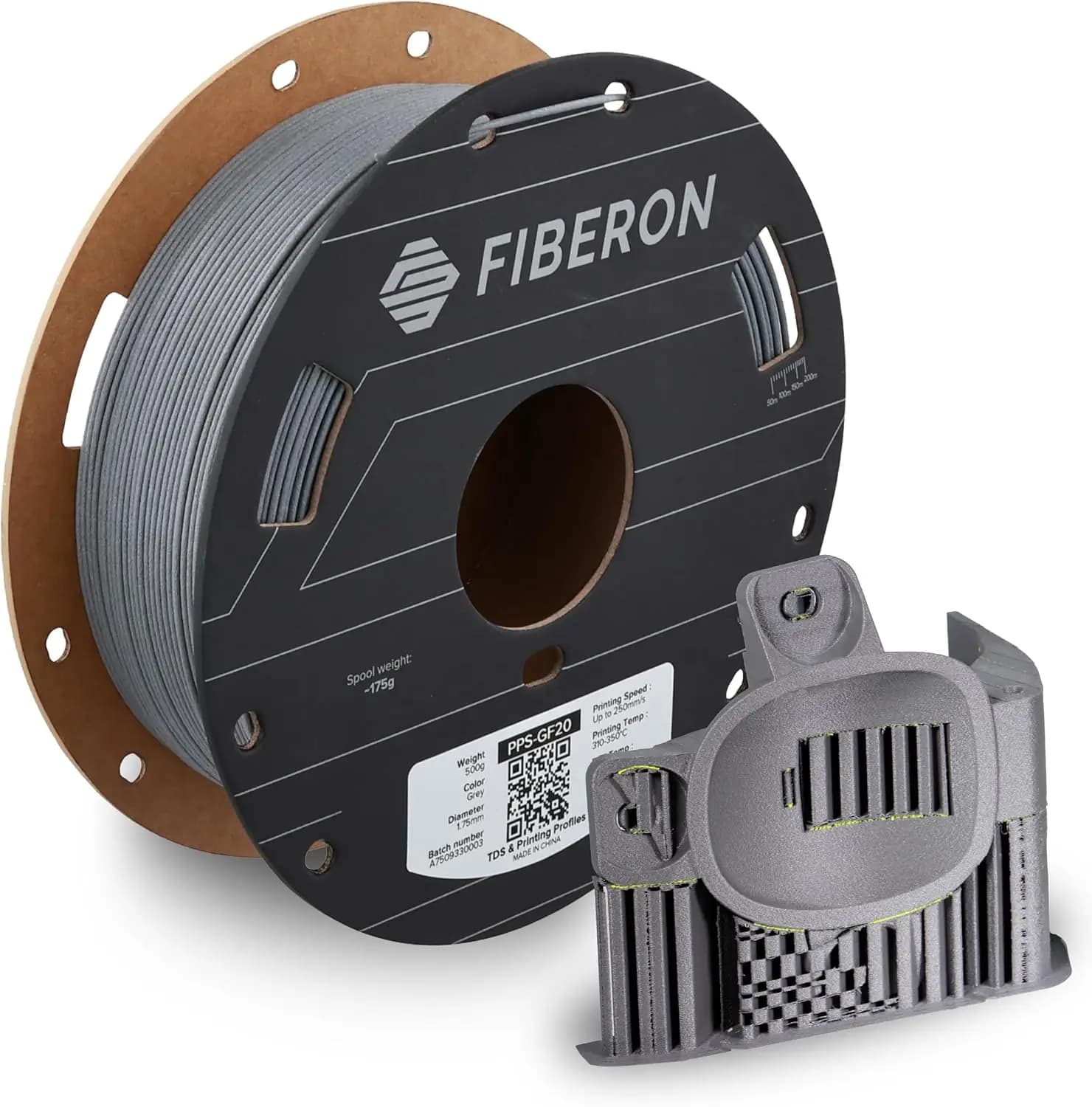Filamento Polymaker Fiberon PPS-GF20 1.75mm Bobina da 0.5kg, Resistenza Estrema al Calore, Isolante Elettrico, Ritardante di Fiamma UL94 V0
