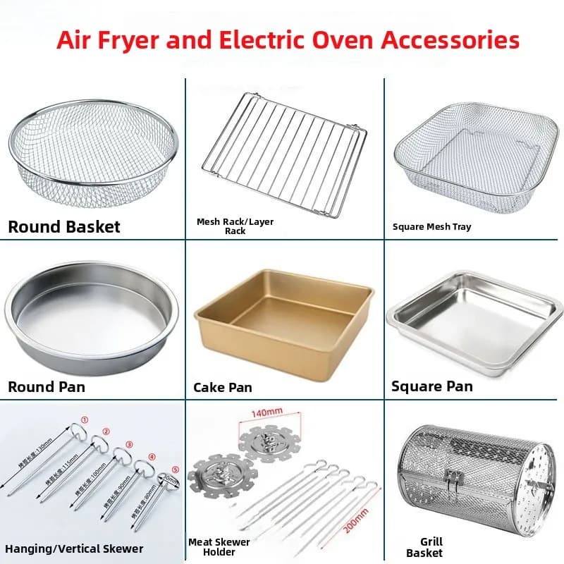 Stainless Steel Air Frying Basket, Anti-Agent Vertical Baking Board, Pizza Roof, Swivel Grill, Meat Skewer Cage, Kitchen Tools