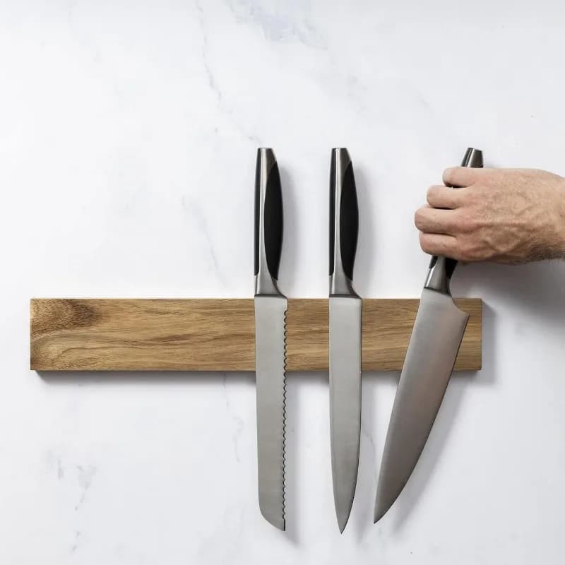 Magnete per coltelli e portacoltelli da 40 cm per organizer per utensili da cucina, striscia senza foratura, portacoltelli in legno di noce per parete