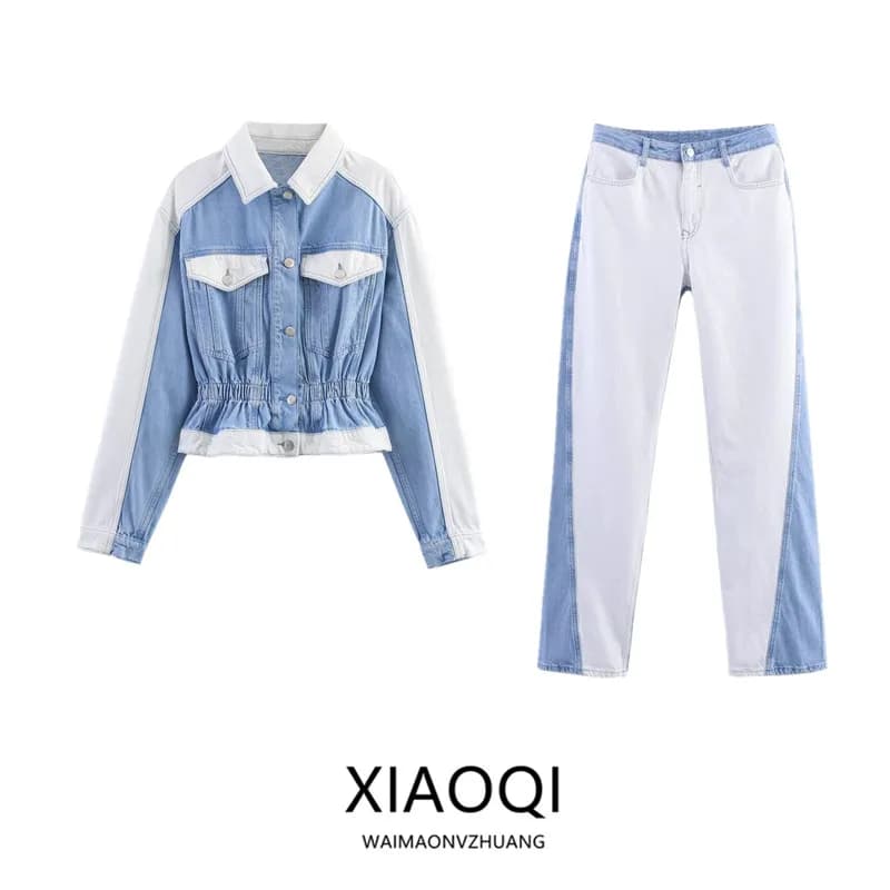 Nuovo Set Donna Autunno 2025: Giacca in Denim Patchwork e Pantaloni Lunghi, Stile Neutro con Maniche Lunghe e Chiusura a Bottoni
