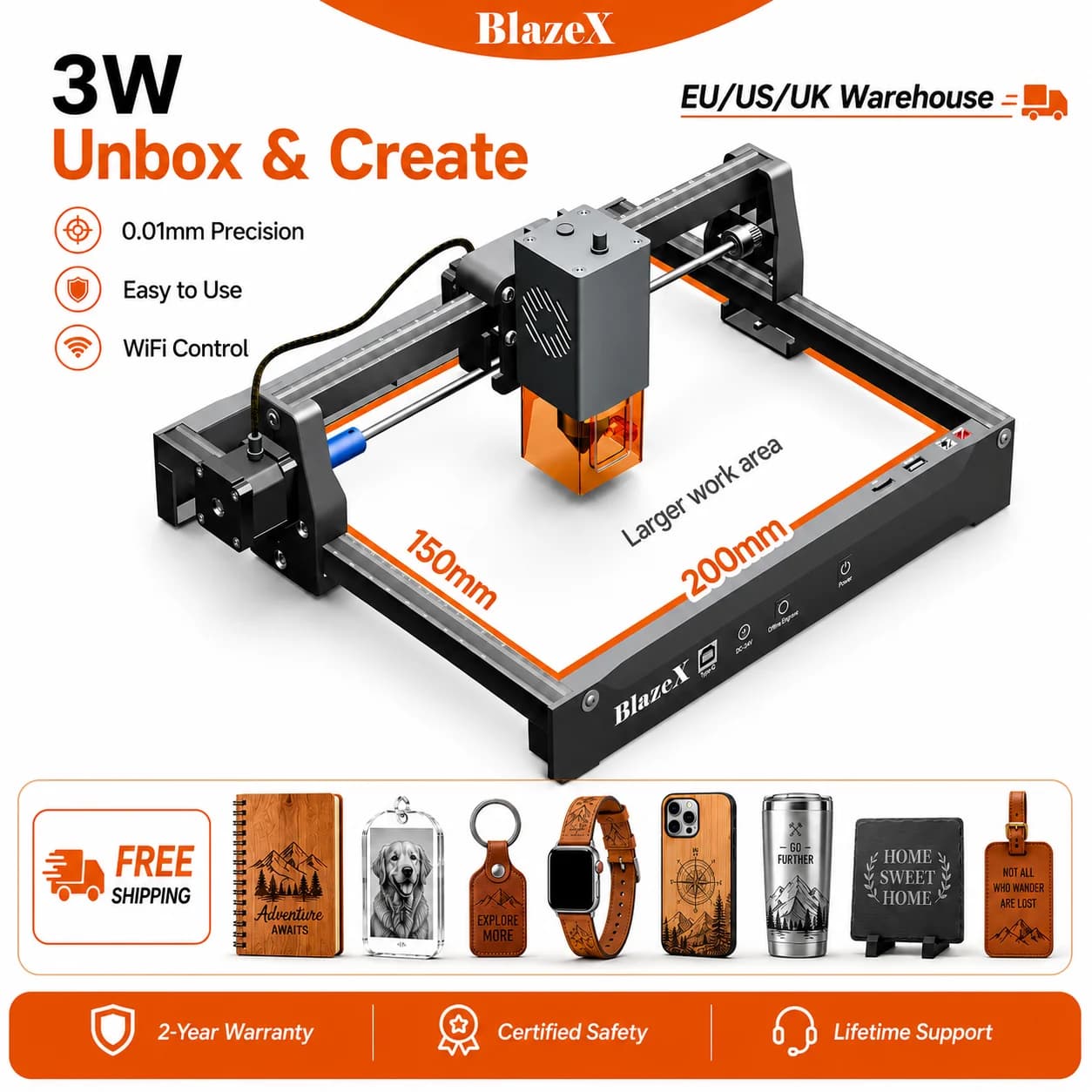 BlazeX 3W Laser Engraver Machine, High Precision DIY Engraver for Beginners with WiFi Control and Emergency Stop, Optional Roller & booster Kit and Protective Enclosure