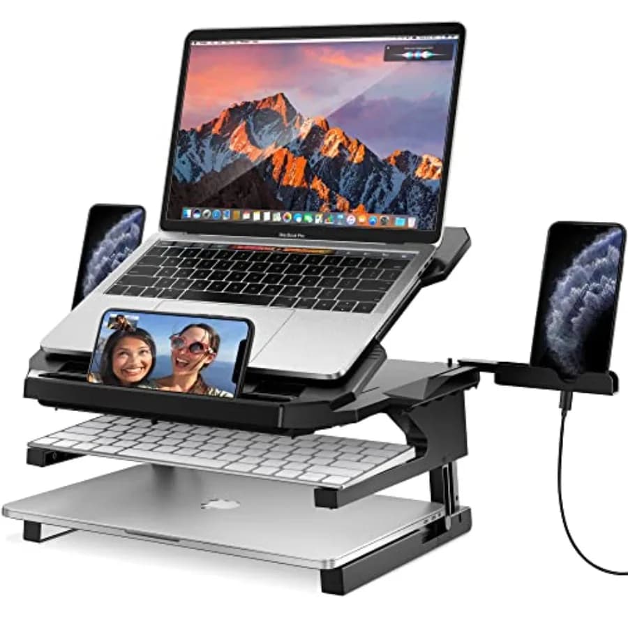 Supporto per Laptop a 20 Angolazioni, Supporto per Laptop a Due Livelli Regolabile in Altezza, Rialzo Portatile per Laptop con Base Girevole a 360° e Spazio di Archiviazione