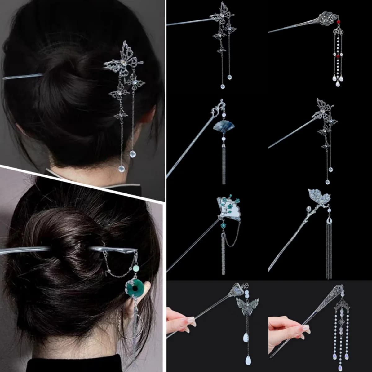 18 cm Chinese style fork elegant flower butterfly tassel stick for hair for vintage women Hanfu jewelry metal hair accessories 1 pc