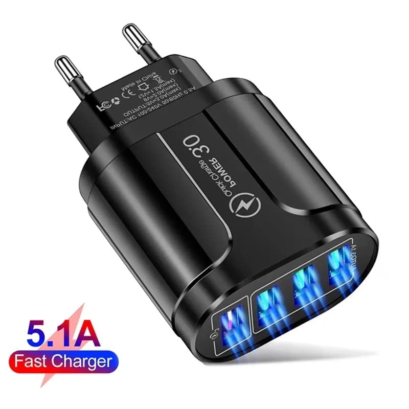 5.1A Fast Charger 4 Port EU US Plug Mobile Phone Wall Travel Adapter Portable Quick 3.0 Charging For iPhone Huawei Xiaomi Realme
