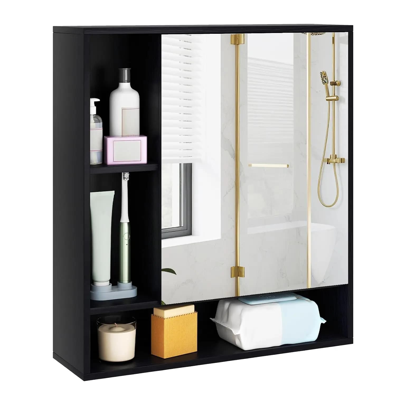 Bathroom Medicine Cabinet with Mirror, Wall Mounted Medicine Cabinet w/Single Door, 3 Open Shelves & Adjustable, Customized