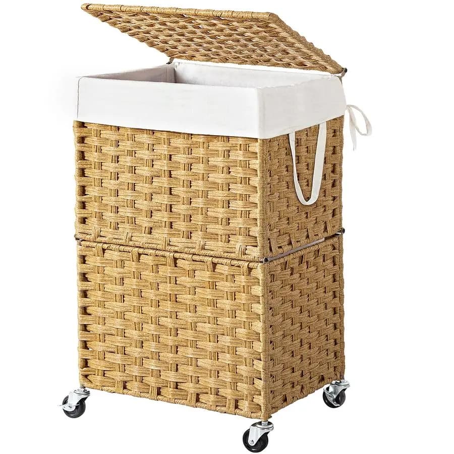 Slim 90-litre whiteboard with wheels, white basket with cover and removable inner bag, hand woven rattan organizer for bed