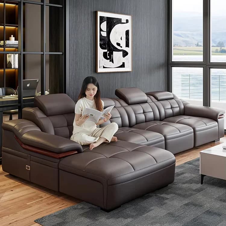 Set di Divani in Pelle di Lusso Moderno per Soggiorno con Gambe in Acciaio Inossidabile