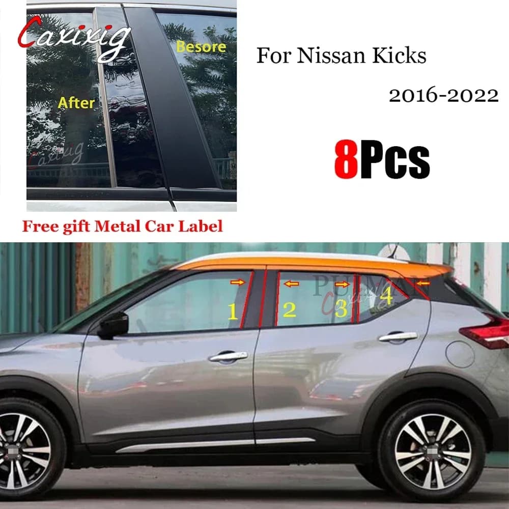 8PCS Nero Lucido Pilastro Messaggi Fit Finestra di Automobile Trim Copertura BC Colonna Adesivo Cromo Styling Per Nissan Kicks 2016 - 2022