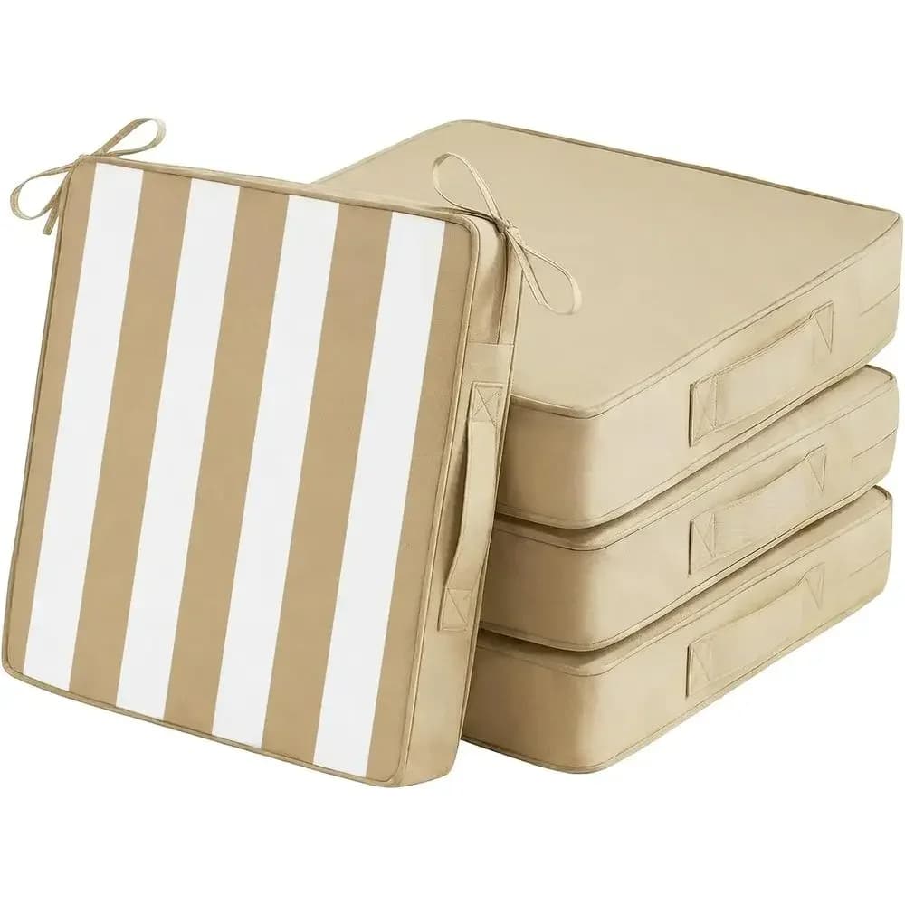 Set of 4 Weatherproof Outdoor Chair Cushions, 20x20x3, Stripe Pattern, Reversible with Ties, Handle, and Zipper, Beige