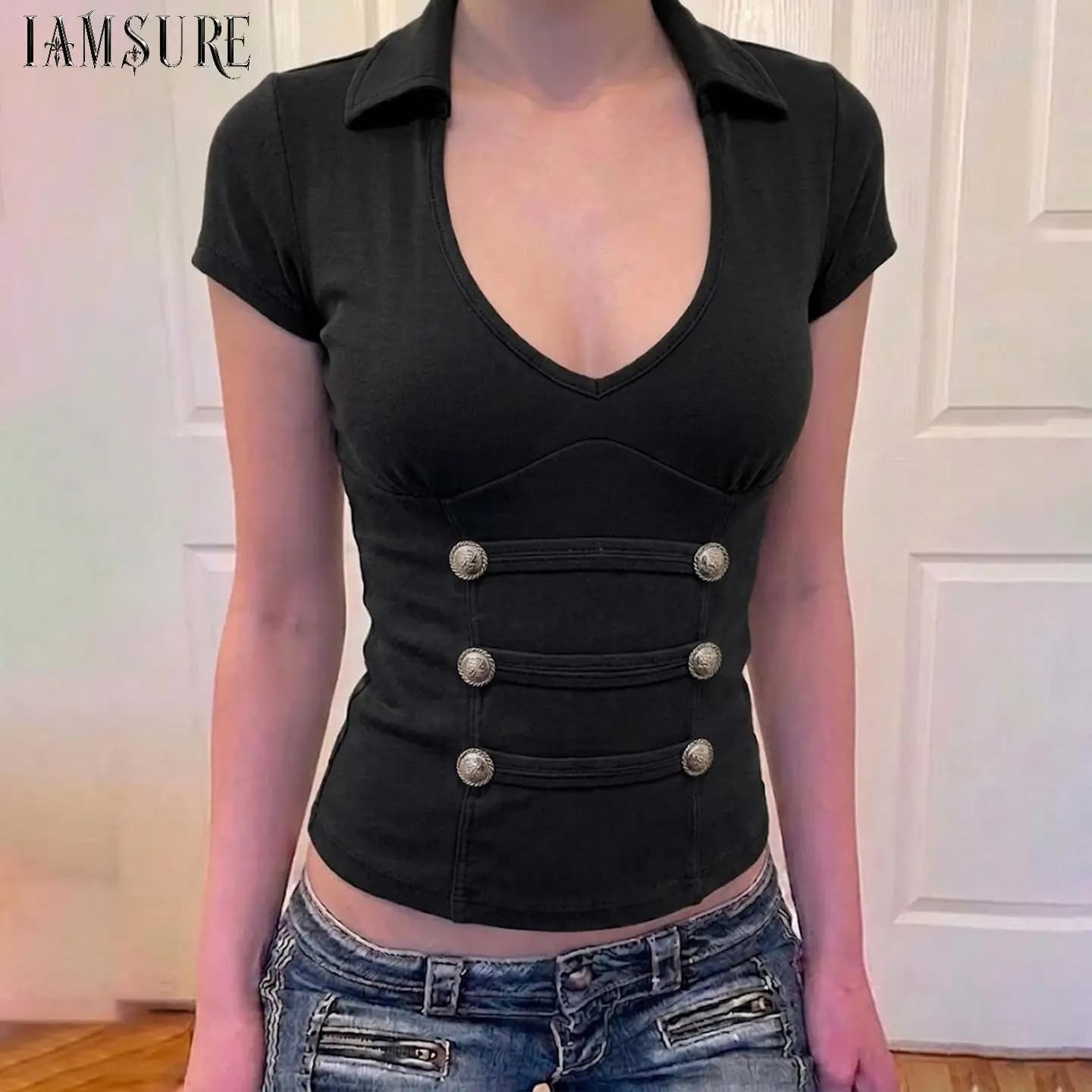 Women Y2K Lapel V Neck Short Sleeve Crop Top Double Row Metal Button Decor Slim Fitted Ribbed T-shirt Medieval Style Clothes New