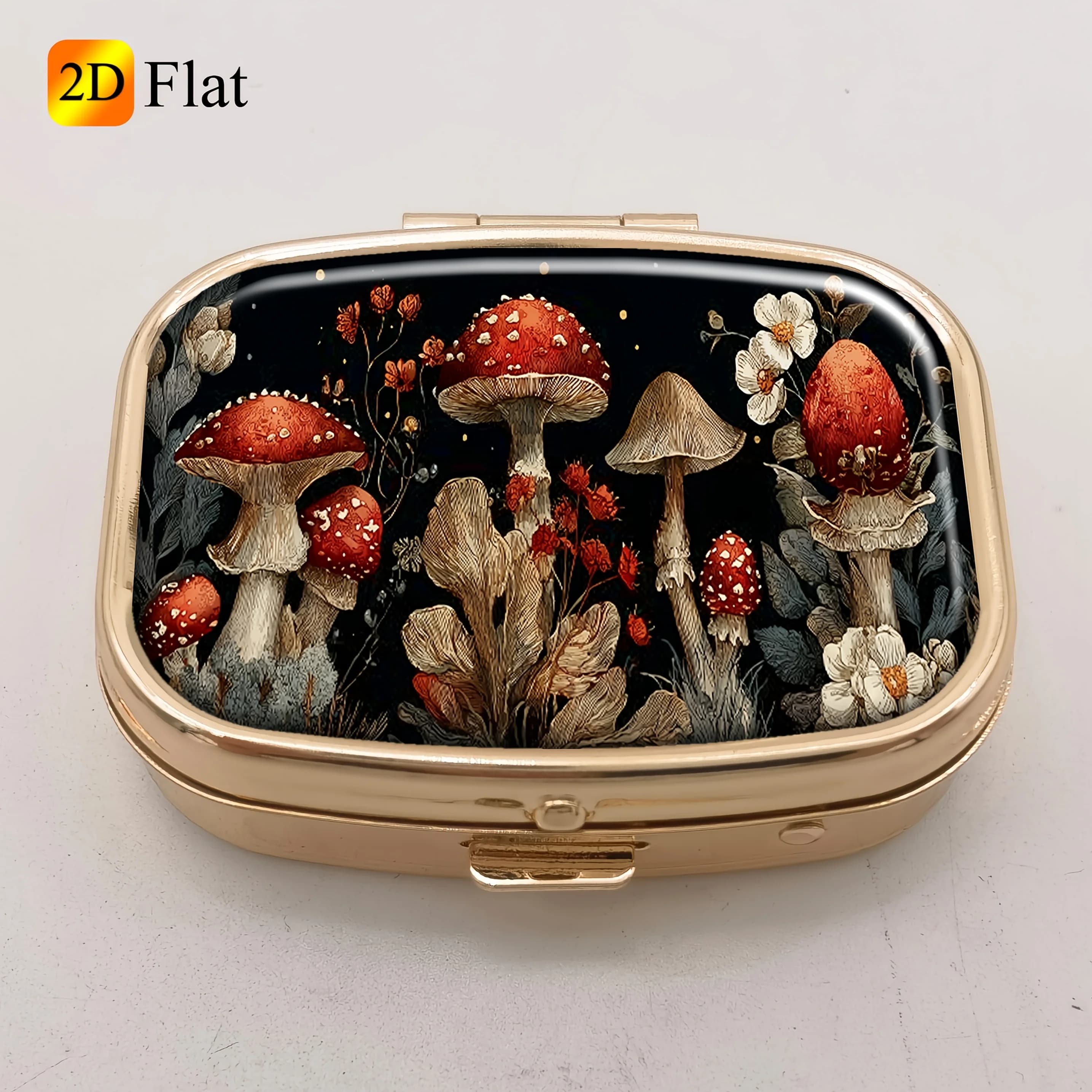 Flat Mysterious Mushroom Garden Art Portable Pill Organizer, Vitamin, Fish Oil, and Supplement Storage Box, Small Travel Daily Use Container