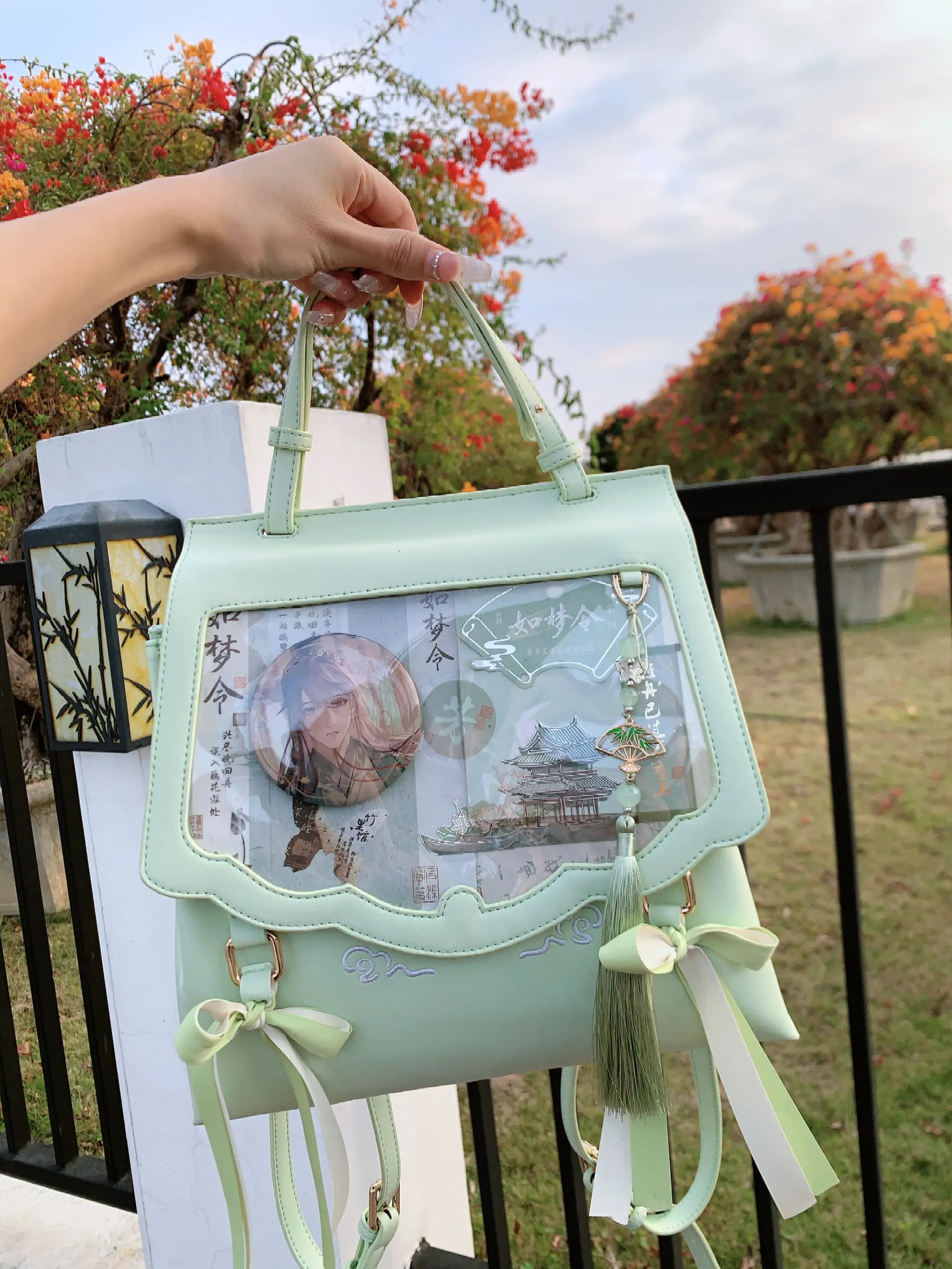 Borsa a tracolla doppia antica originale, elegante nuovo zaino da donna in stile Hanfu cinese con fiocco Lolita per ragazze