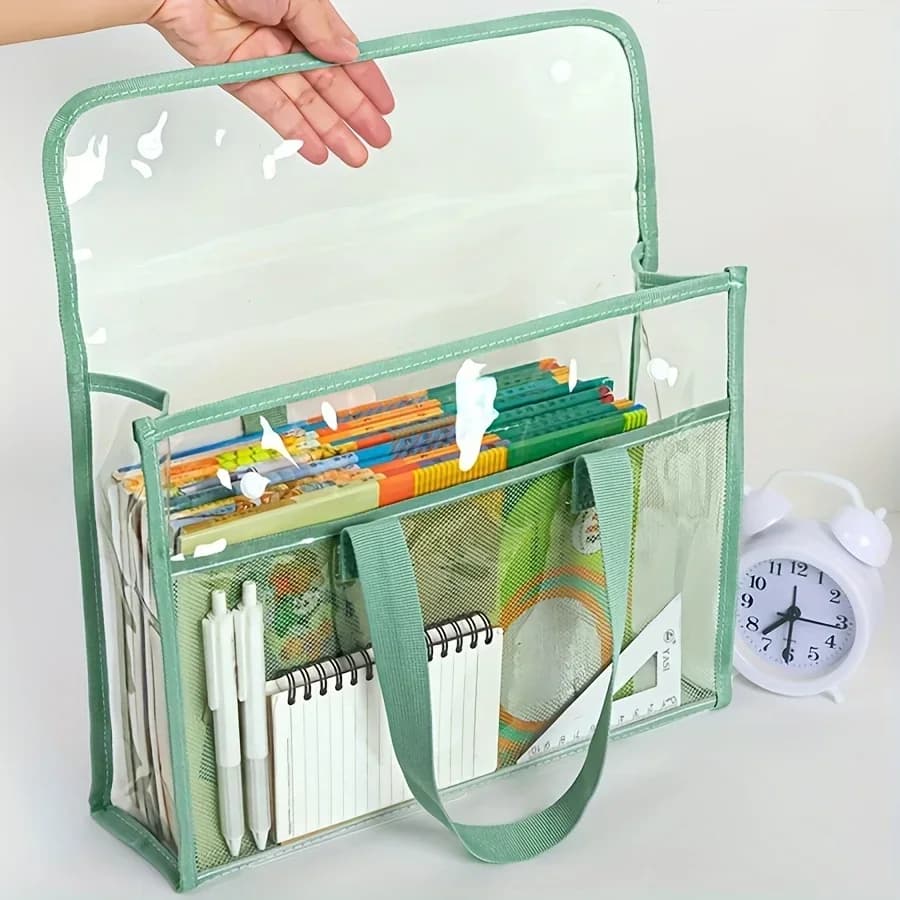 Large Capacity PVC File Bag, Transparent Waterproof Expandable Handheld Folder with Self-adhesive Closure