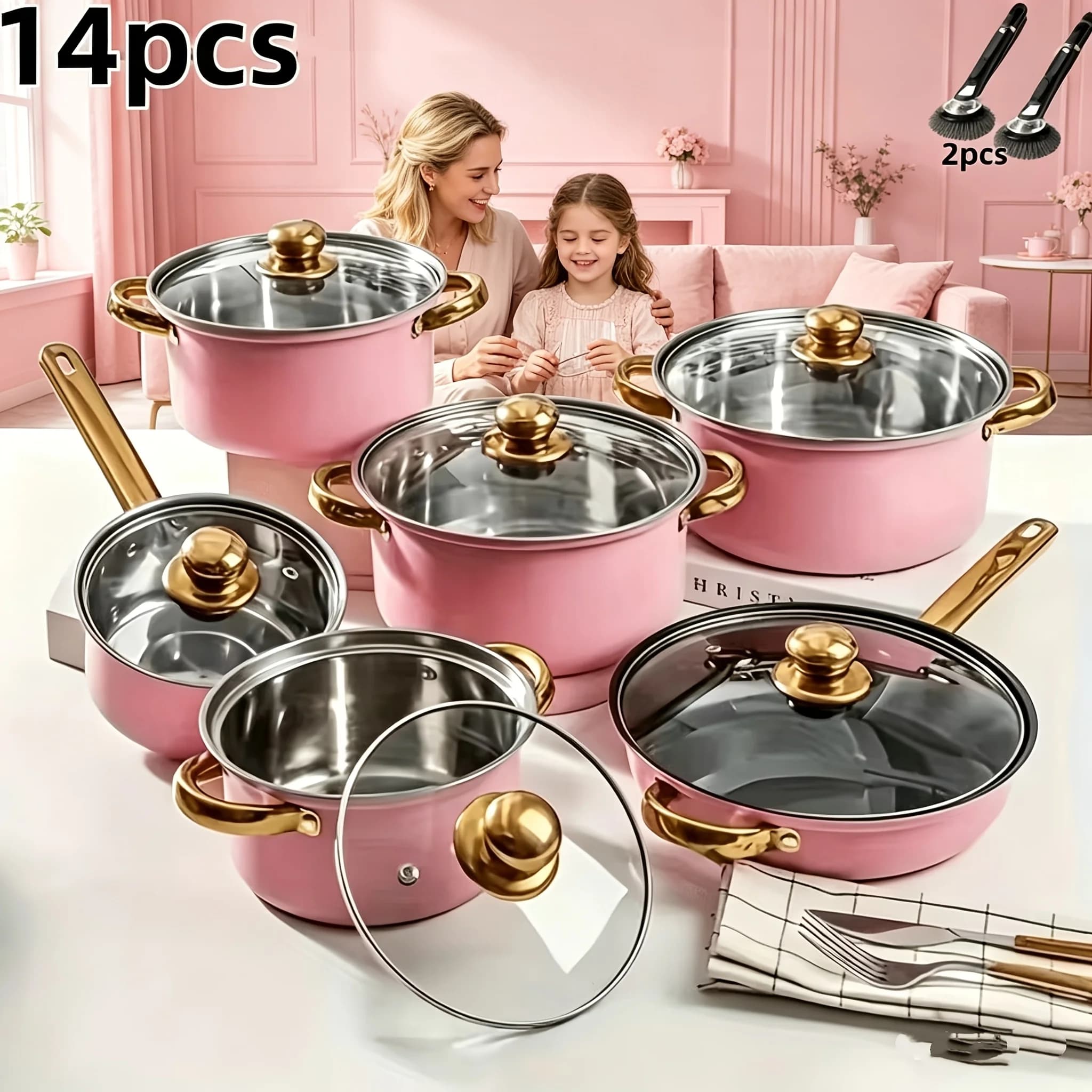 Set di pentole antiaderenti in acciaio inossidabile resistente da 14 pezzi con coperchi, set di pentole e padelle, pentole antiaderenti, lavabili in lavastoviglie, include padelle, pentole per stufati, padelle per soffritti, friggitrici e pentole per latte (6 pentole + 6 coperchi + 2 spazzole a manico lungo)